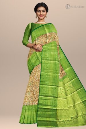 Red Floral with Green Woven Border & Pallu Silk Saree