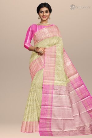 Blush Elegance – Warm White Saree with Pink Silk Border & Pallu